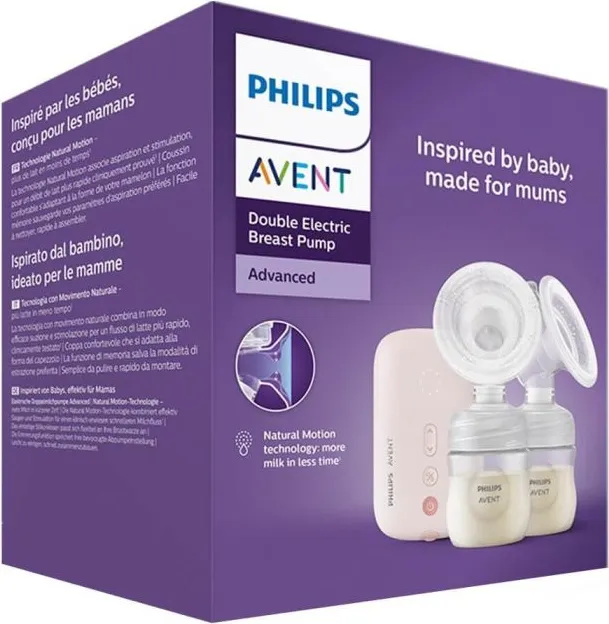 Двойна електрическа помпа Philips Avent SCF397/31 Advance + Шише Philips Avent Natural Response 125 мл с биберон за новородено Natural Response 0 м+ Подплънки за гърди Комплект