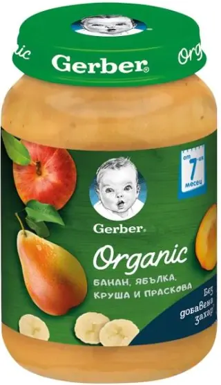 GERBER® Organic Храна за бебета Банан, ябълка, круша и праскова пюре от 7-ия месец бурканче 190 гр