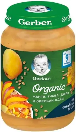 GERBER® Organic Храна за бебета Манго, тиква, дюля и овесени ядки пюре от 9-ия месец бурканче 190 гр