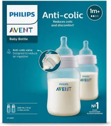 Avent Anti-Colic Бутилка с биберон със слаб поток 1М+ 260 мл х 2 бр