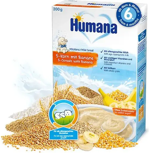 Humana млечна каша 5 зърна с банан 6М+ 200 гр