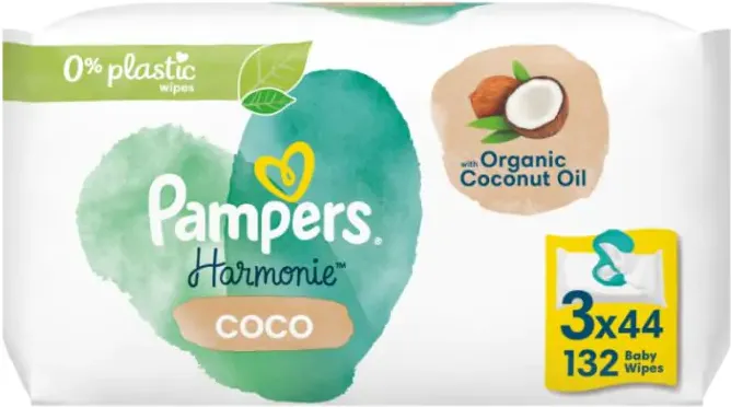 Pampers Harmonie Coco Бебешки мокри кърпи с кокосово масло 3 х 44 бр