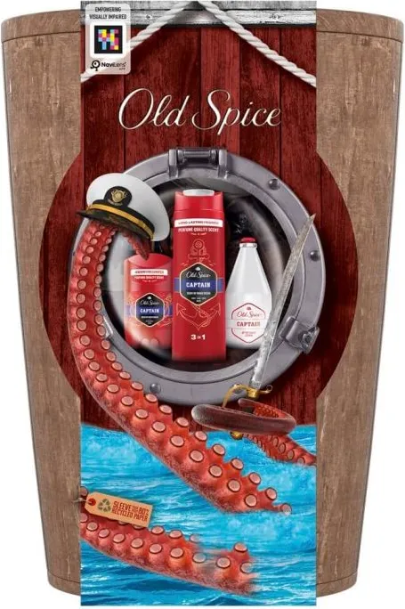 Old Spice Captain Коледа 2024 Стик против изпотяване за мъже 50 мл + Душ гел 2в1 за мъже 250 мл + Лосион за след бръснене 100 мл + Подарък  Дървено буренце Комплект