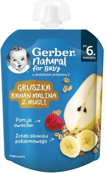 GERBER® Natural for baby Круша, банан, малина с мюсли от 6-ия месец пауч 80 гр