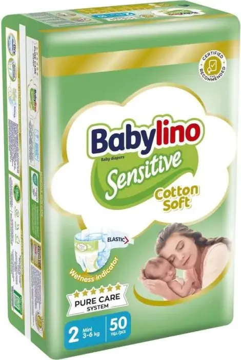 Babylino Sensitive Cotton Soft Пелени за бебета Размер 2 Mini 3-6 кг 50 броя