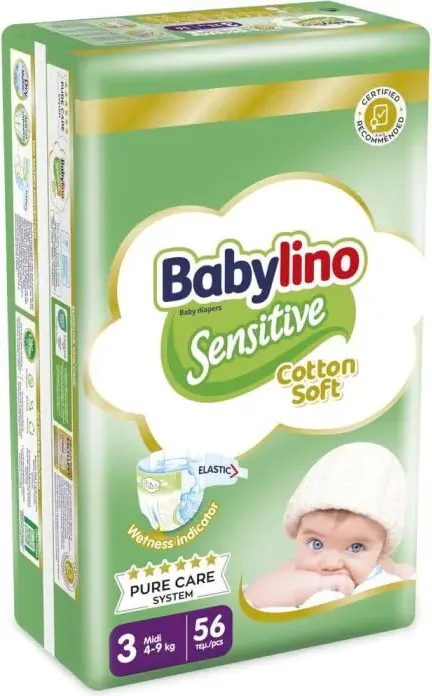 Babylino Sensitive Cotton Soft Пелени за бебета Размер 3 Midi 4-9 кг 56 броя