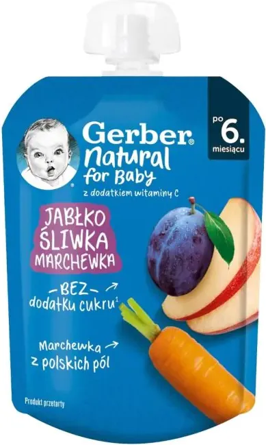 Nestle Gerber Пауч Плодова закуска с ябълка, сливи и моркови 6м+ 80 гр