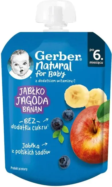 Nestle Gerber Пауч Плодова закуска с ябълка, боровинка и банан 6м+ 80 гр