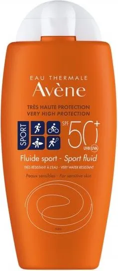 Avene Eau Thermale Sport Водоустойчив слънцезащитен флуид за лице и тяло за чувствителна кожа SPF50+ 100 мл