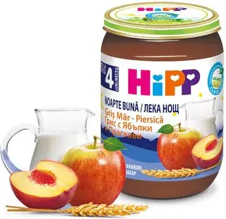 Hipp био млечна каша "Лека нощ" с грис, ябълки и праскови 4М+ 190 гр