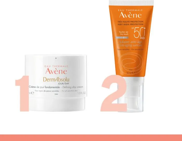 Avene DermAbsolu Фундаментален дневен крем за лице 40 мл + Avene Слънцезащитен анти-ейдж крем за лице за чувствителна кожа SPF50+ 50 мл Комплект