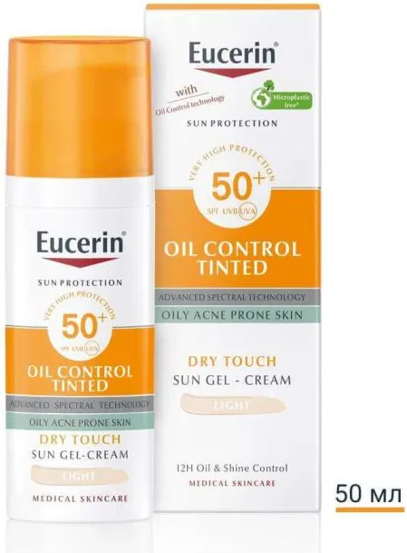 Eucerin Sun Oil Control Слънцезащитен оцветен гел-крем за лице за мазна и акнеична кожа SPF50+ Светъл нюанс 50 мл