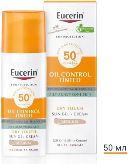 Eucerin Sun Oil Control Слънцезащитен оцветен гел-крем за лице за мазна и акнеична кожа SPF50+ Тъмен нюанс 50 мл