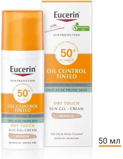 Eucerin Sun Oil Control Слънцезащитен оцветен гел-крем за лице за мазна и акнеична кожа SPF50+ Тъмен нюанс 50 мл