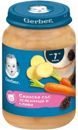 GERBER® Храна за бебета Свинско със зеленчуци и сливи пюре от 7-ия месец бурканче 190 гр