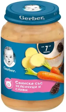 GERBER® Храна за бебета Свинско със зеленчуци и сливи пюре от 7-ия месец бурканче 190 гр