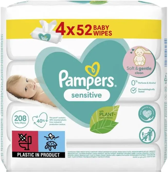 Pampers Sensitive Fragrance Free Бебешки мокри кърпички 4 x 52 бр