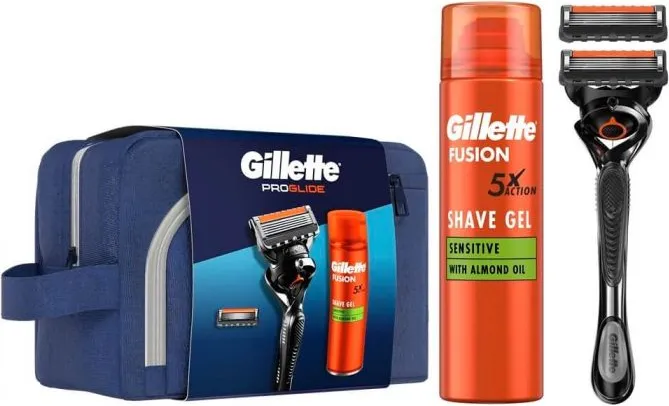 Gillette Fusion Proglide + Sensitive Гел за бръснене 200 мл + Резервно ножче + Несесер Комплект