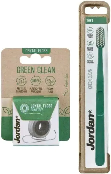 Jordan Green Clean Четка за зъби от рециклирана пластмаса Soft + Jordan Green Clean Веган конец за зъби 30 м Комплект
