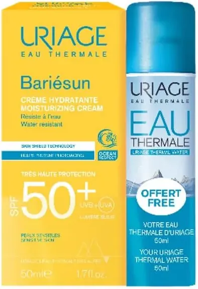 Uriage Bariesun Слънцезащитен крем за лице SPF50+ 50 мл + Uriage Eau Thermale Хидратираща и успокояваща термална вода 50 мл Комплект