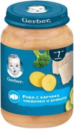 GERBER® Храна за бебета Риба с картофи пюре тиквички и броколи от 7-ия месец бурканче 190 гр