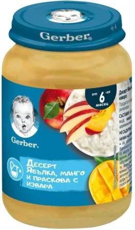 Nestle Gerber Плодово пюре с ябълки, манго, праскови и извара 6м+ 190 гр