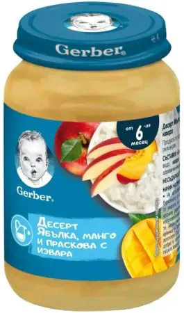 Nestle Gerber Плодово пюре с ябълки, манго, праскови и извара 6м+ 190 гр