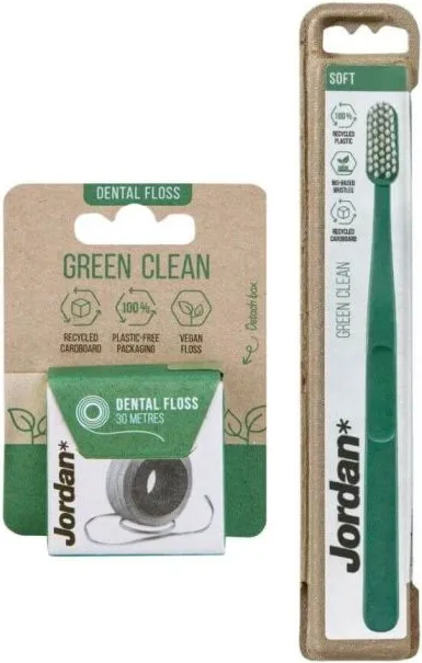 Jordan Green Clean Четка за зъби от рециклирана пластмаса Soft + Jordan Green Clean Веган конец за зъби 30 м Комплект