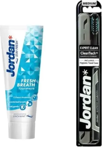 Jordan Expert Clean Четка за зъби антиплака Soft с кутийка + Jordan Fresh Breath Паста за зъби за свеж дъх 75 мл Комплект
