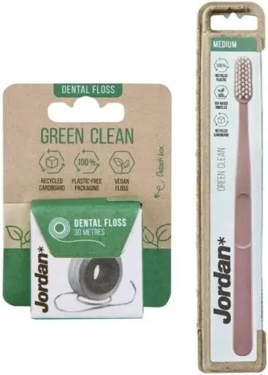Jordan Green Clean Четка за зъби от рециклирана пластмаса Medium + Jordan Green Clean Веган конец за зъби 30 м Комплект
