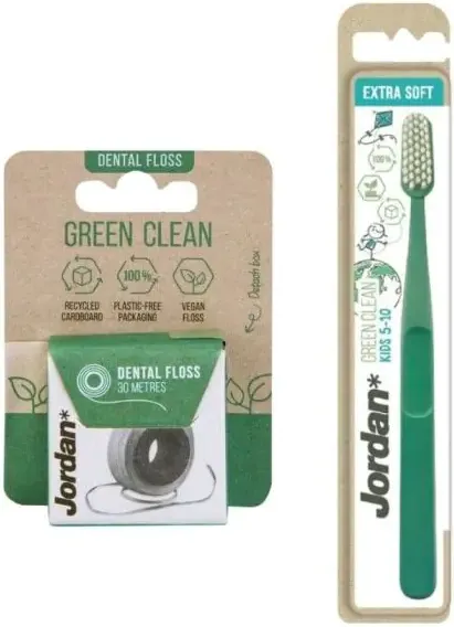 Jordan Green Clean Детска четка за зъби от рециклирана пластмаса Extra Soft + Jordan Green Clean Веган конец за зъби 30 м Комплект