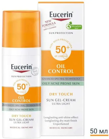 Eucerin Sun Oil Control Слънцезащитен гел-крем за лице за мазна и акнеична кожа SPF50+ 50 мл