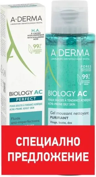 A-Derma Phys-AC Perfect Флуид срещу несъвършенства 40 мл + A-Derma Biology-AС Почистващ пенещ се гел 100 мл Промо комплект