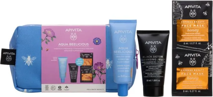 Apivita Aqua Beelicious Тониран флуид за лице SPF30 40 мл + Apivita Cleansing Черен детоксикиращ почистващ гел 50 мл + Apivita Express Beauty Маска за лице с мед 2x8 мл Комплект