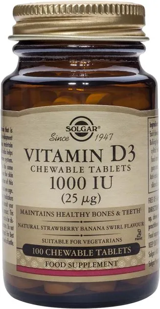 Solgar Vitamin D3 Витамин D3 за имунната система 1000IU х100 дъвчащи таблетки