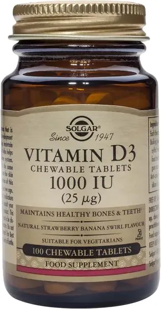 Solgar Vitamin D3 Витамин D3 за имунната система 1000IU х100 дъвчащи таблетки