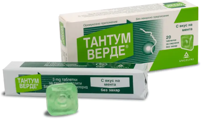 Тантум Верде с вкус на мента при възпалено гърло и болки в устната кухина 3 мг x 20 таблетки Angelini