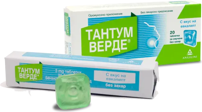 Тантум Верде с вкус на евкалипт при възпалено гърло и болки в устната кухина 3 мг x 20 таблетки Angelini