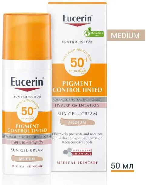 Eucerin Sun Pigment Control Слънцезащитен оцветен гел-крем за лице при хиперпигментации SPF50+ Тъмен нюанс 50 мл