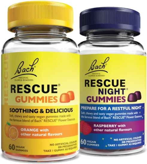 Bach Rescue Gummies Дъвчащи бонбони при страх и тревожност x 60 + Rescue Night Gummies Дъвчащи бонбони за спокойни нощи x 60 комплект