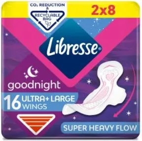 Libresse Goodnight Ultra+ Large Goodnight Duo Нощни дамски превръзки с крилца 2x8 бр