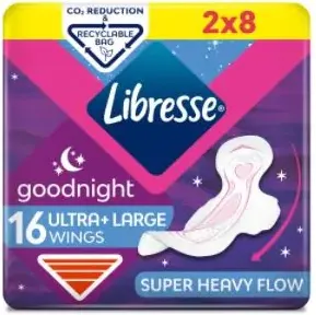 Libresse Goodnight Ultra+ Large Goodnight Duo Нощни дамски превръзки с крилца 2x8 бр