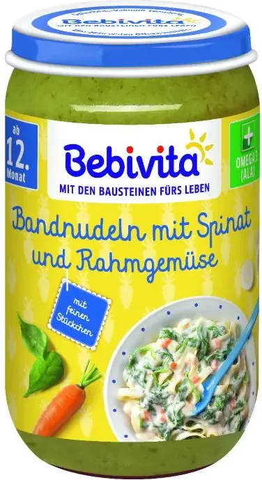 Bebivita пюре макарони със спанак, зеленчуци и сметана 12М+ 250 гр