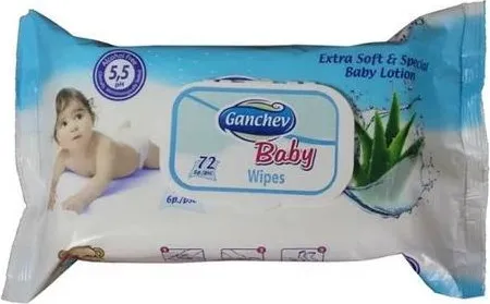 Ganchev Baby Wipes Бебешки морки кърпички с Алое Вера 72 бр