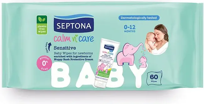 Septona Calm n'Care Sensitive Бебешки мокри кърпички сензитив със защитен крем против подсичане 60 бр