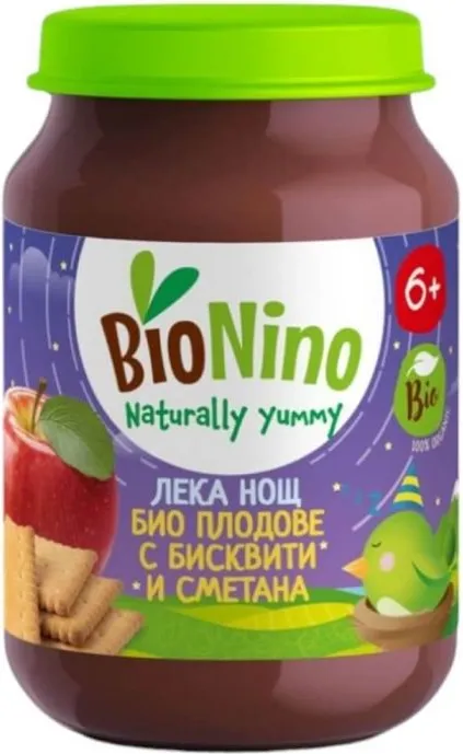 BioNino Био пюре лека нощ плодове с бискивити и сметана 6М+ 190 гр