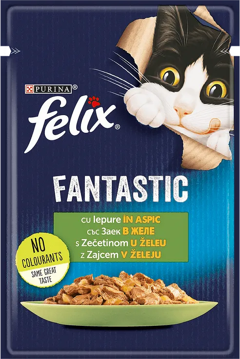 PURINA® FELIX® Fantastic за котки в зряла възраст, Грил в Желе, Заек, Мокра храна, Пауч, 85g