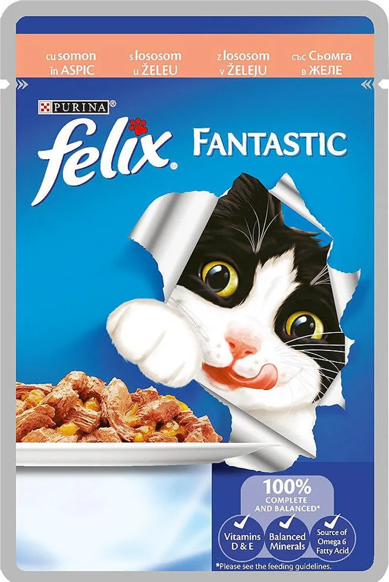 PURINA® FELIX® Fantastic за котки в зряла възраст, Грил в Желе, Сьомга, Мокра храна, Пауч, 85g