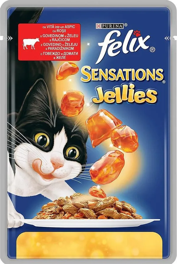 PURINA® FELIX® Sensations за котки в зряла възраст, Говеждо и Домати с Ароматно Желе, Мокра храна, Пауч, 100g