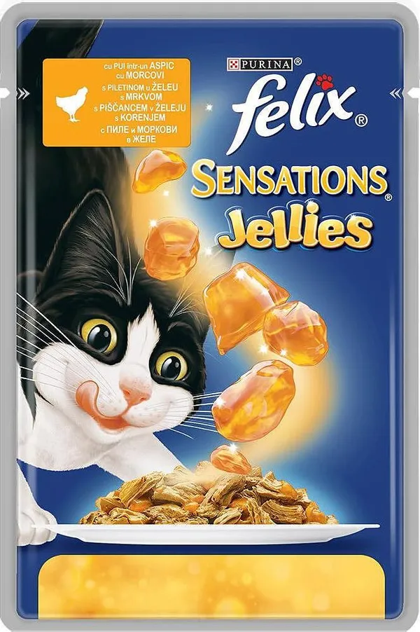 PURINA® FELIX® Sensations за котки в зряла възраст, Пиле и Моркови с Ароматно Желе, Мокра храна, Пауч, 100g